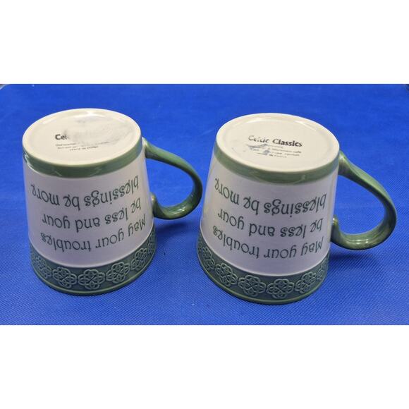 Two Celtic Knot Irish Blessing Stoneware Mugs Green Cream 15oz Capacity - Picture 10 of 12